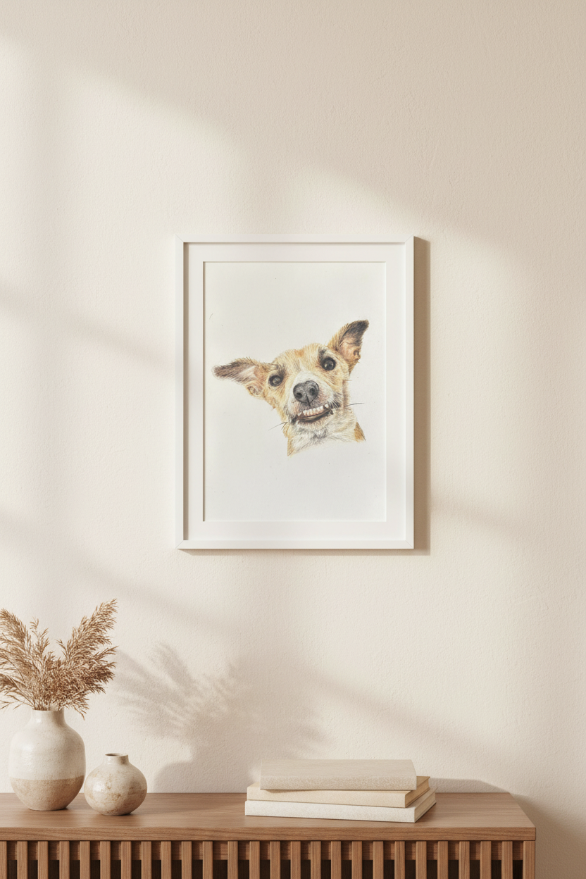 Whippet fine art print in white frame on wall, A5