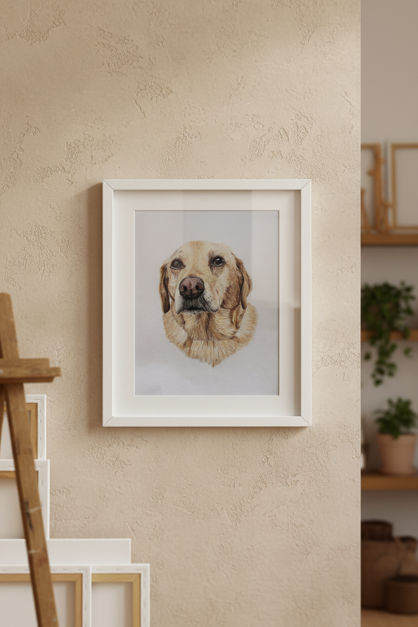 Framed golden retriever coloured pencil portrait, A4 white wooden frame